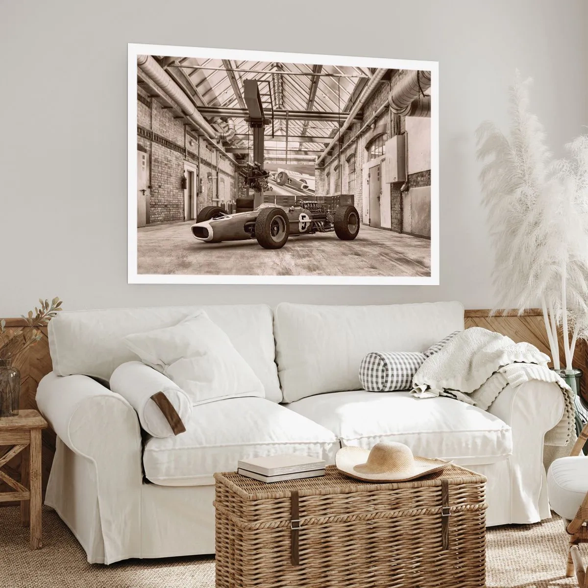 Affiche - Poster - Voiture de course noire et blanche dans un intérieur industriel - 100x70cm - Le repos du guerrier - Décoration murale moderne pour le salon et la chambre ARTTOR