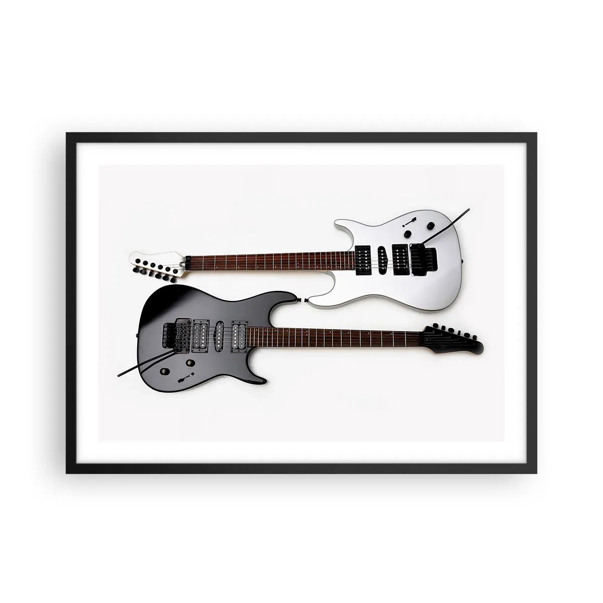 Affiche dans un cadre noir - Poster - Deux guitares électriques en noir et blanc sur fond clair. - 70x50cm - Harmonie des formes - Décoration murale moderne pour le salon et la chambre ARTTOR