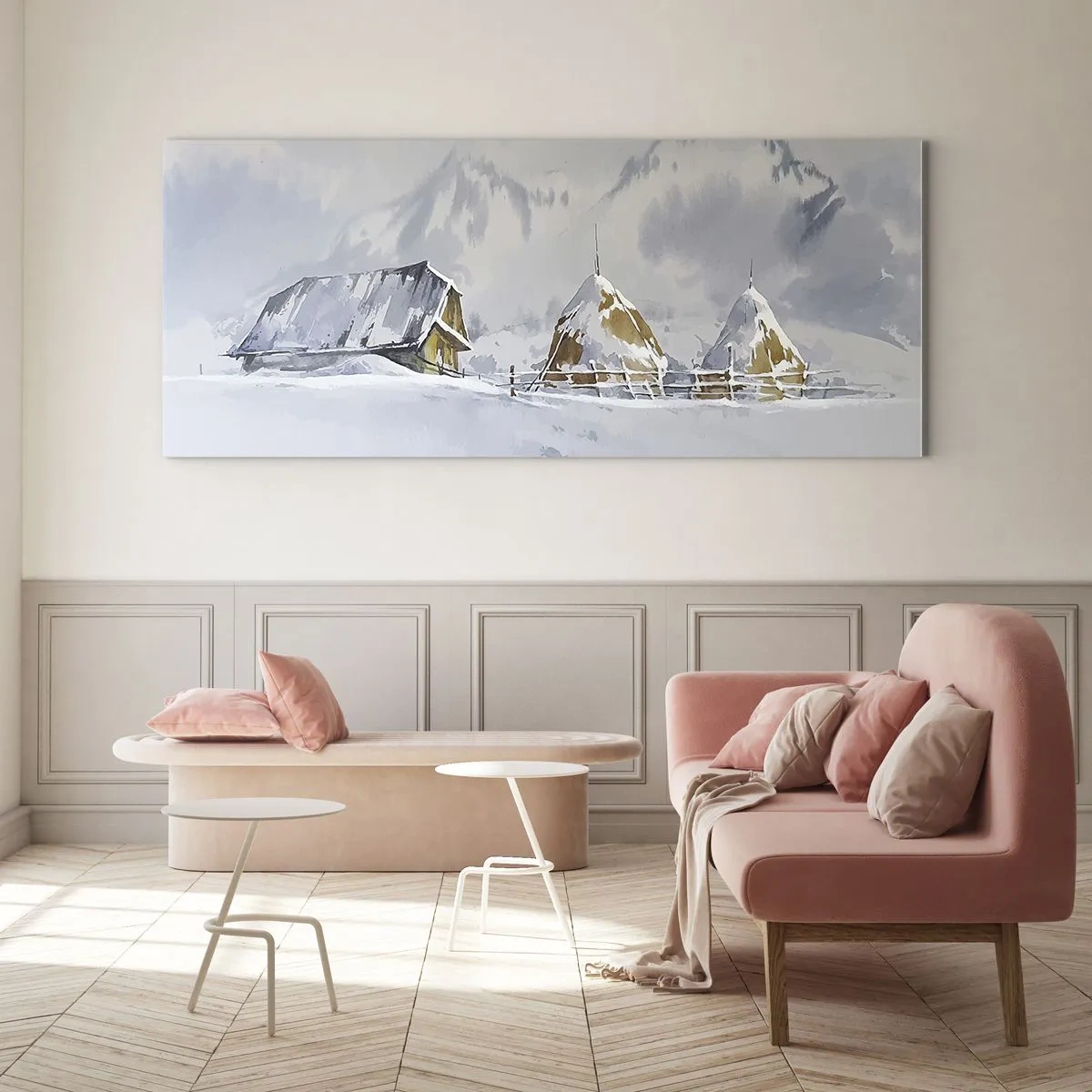 Impression sur verre - Image sur verre - Paysage d'hiver avec un chalet et des meules de foin dans les montagnes - 160x50cm - Dans une vallée enneigée - Décoration murale moderne pour le salon et la chambre ARTTOR