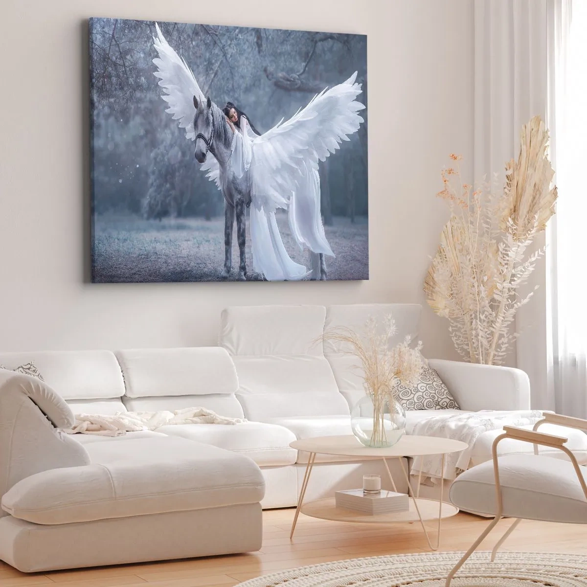 Impression sur toile - Image sur toile - Une femme sur un cheval blanc avec des ailes dans une forêt magique - 70x50cm - Un moment inspiré - Décoration murale moderne pour le salon et la chambre ARTTOR