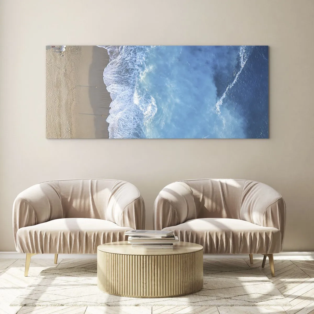 Impression sur verre - Image sur verre - Une vue plongeante sur la plage et les vagues de la mer - 160x50cm - La force du bleu - Décoration murale moderne pour le salon et la chambre ARTTOR