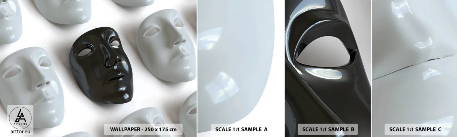 Échantillon de Papier Peint Autocollant Deluxe Sticker - Comment se démarquer ? - Morceau, Masque vénitien, Noir et blanc - 100x30 cm