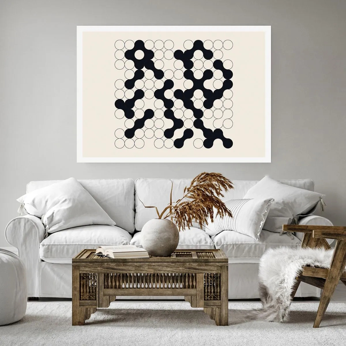 Affiche - Poster - Motifs noirs et blancs avec des cercles sur fond clair - 100x70cm - Jeu chinois – variation - Décoration murale moderne pour le salon et la chambre ARTTOR