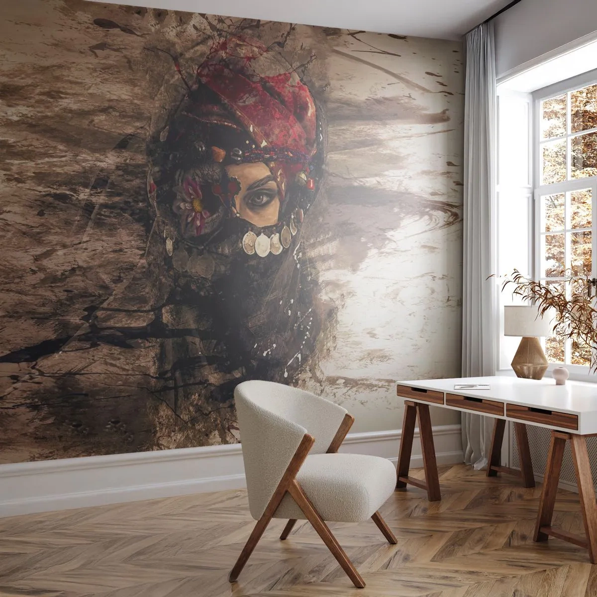 Papier Peint Photo Standard Eco - Femme mystérieuse en costume oriental - 100x70cm - Inquiétant, c'est le moins qu'on puisse dire - Décoration murale moderne pour le salon et la chambre ARTTOR