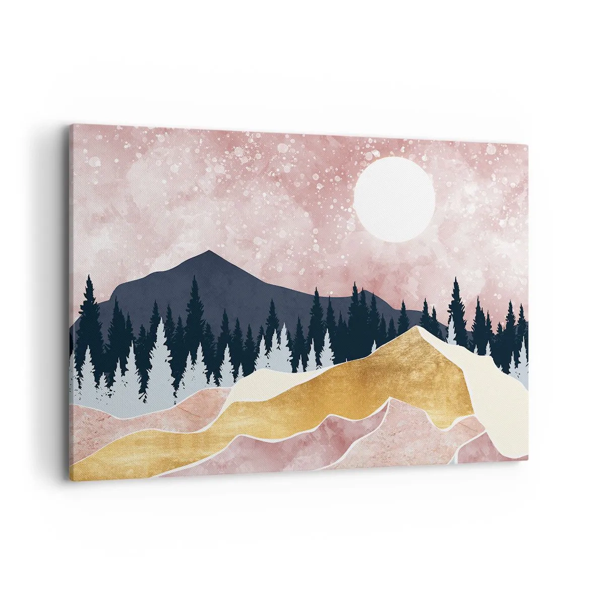 Impression sur toile - Image sur toile - Montagnes colorées contre un ciel rose avec une lune - 100x70cm - Gardien de la nuit - Décoration murale moderne pour le salon et la chambre ARTTOR