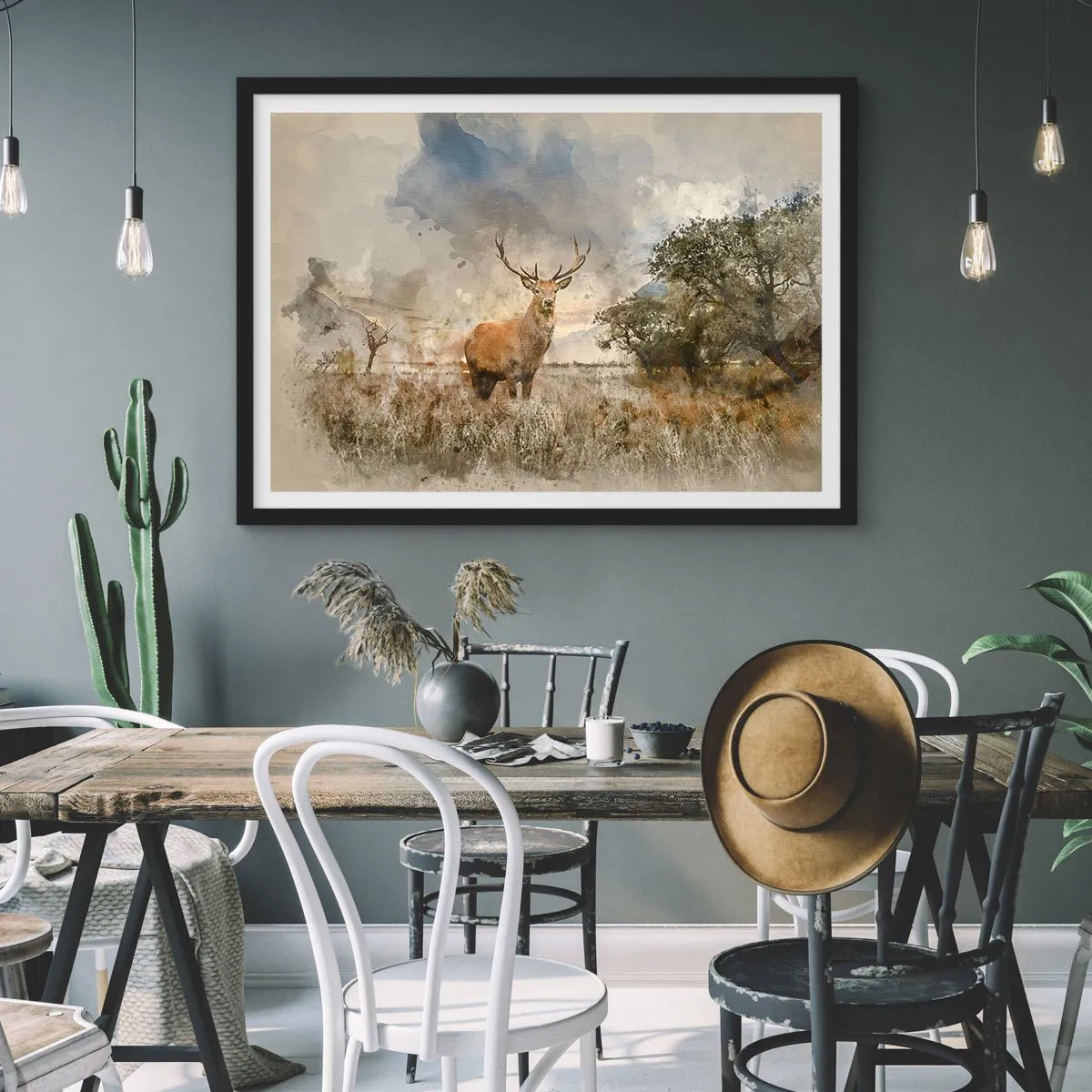 Affiche dans un cadre noir - Poster - Un cerf dans un cadre naturel dans un style aquarelle - 70x50cm - Dignité - force - majesté - Décoration murale moderne pour le salon et la chambre ARTTOR