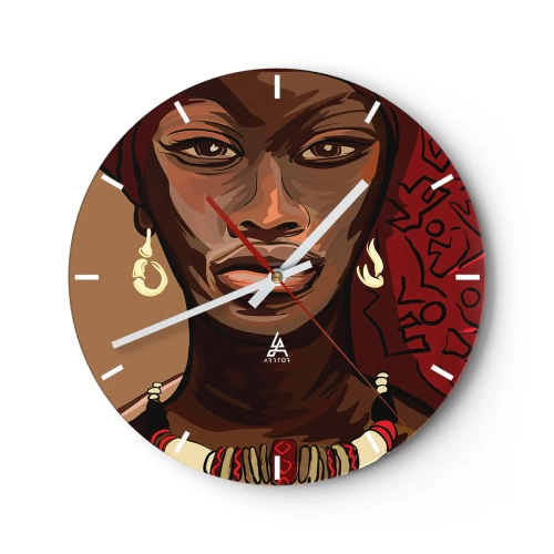 Horloge murale - Pendule murale - Portrait d'une femme dans un style africain avec des accents rouges - 30x30cm - Vénus d'ébène - Décoration murale moderne pour le salon, la cuisine et la chambre ARTTOR