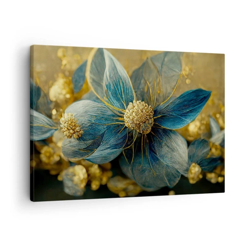 Impression sur toile - Image sur toile - Fleurs élégantes dans des tons de bleu et d'or - 70x50cm - Fleurir avec de l'or - Décoration murale moderne pour le salon et la chambre ARTTOR