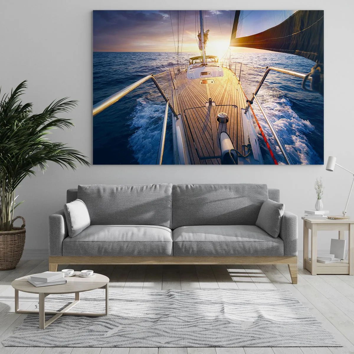 Impression sur verre - Image sur verre - Le pont d'un voilier sur fond de soleil couchant et de vagues de la mer - 100x70cm - Courir sur les vagues - Décoration murale moderne pour le salon et la chambre ARTTOR