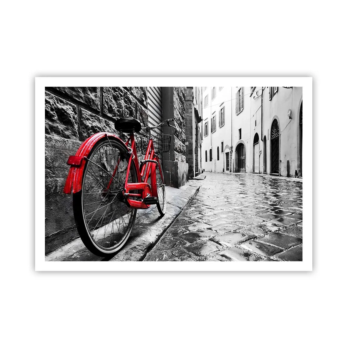 Affiche - Poster - Vélo rouge dans une rue en noir et blanc - 100x70cm - La vraie beauté ne vieillit pas - Décoration murale moderne pour le salon et la chambre ARTTOR