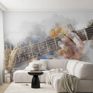 Papier Peint Photo Premium Sand - Guitare aquarelle et main jouant un accord - 100x70cm - La poésie entre les cordes - Décoration murale moderne pour le salon et la chambre ARTTOR