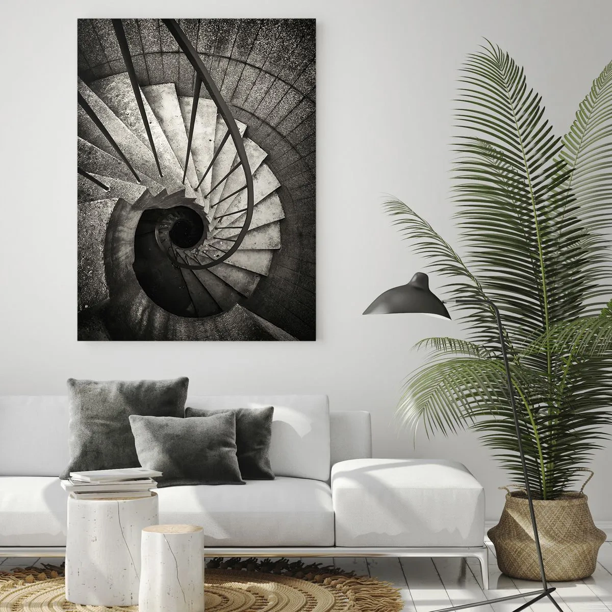 Impression sur verre - Image sur verre - Un escalier en colimaçon noir et blanc vu à vol d'oiseau - 50x70cm - En haut des escaliers, en bas des escaliers - Décoration murale moderne pour le salon et la chambre ARTTOR