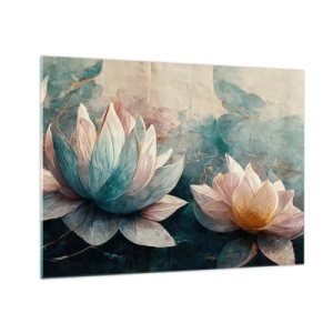 Impression sur verre - Image sur verre - Représentation artistique de fleurs de lotus sur fond de feuilles d'eau. - 70x50cm - Les étoiles du lac - Décoration murale moderne pour le salon et la chambre ARTTOR