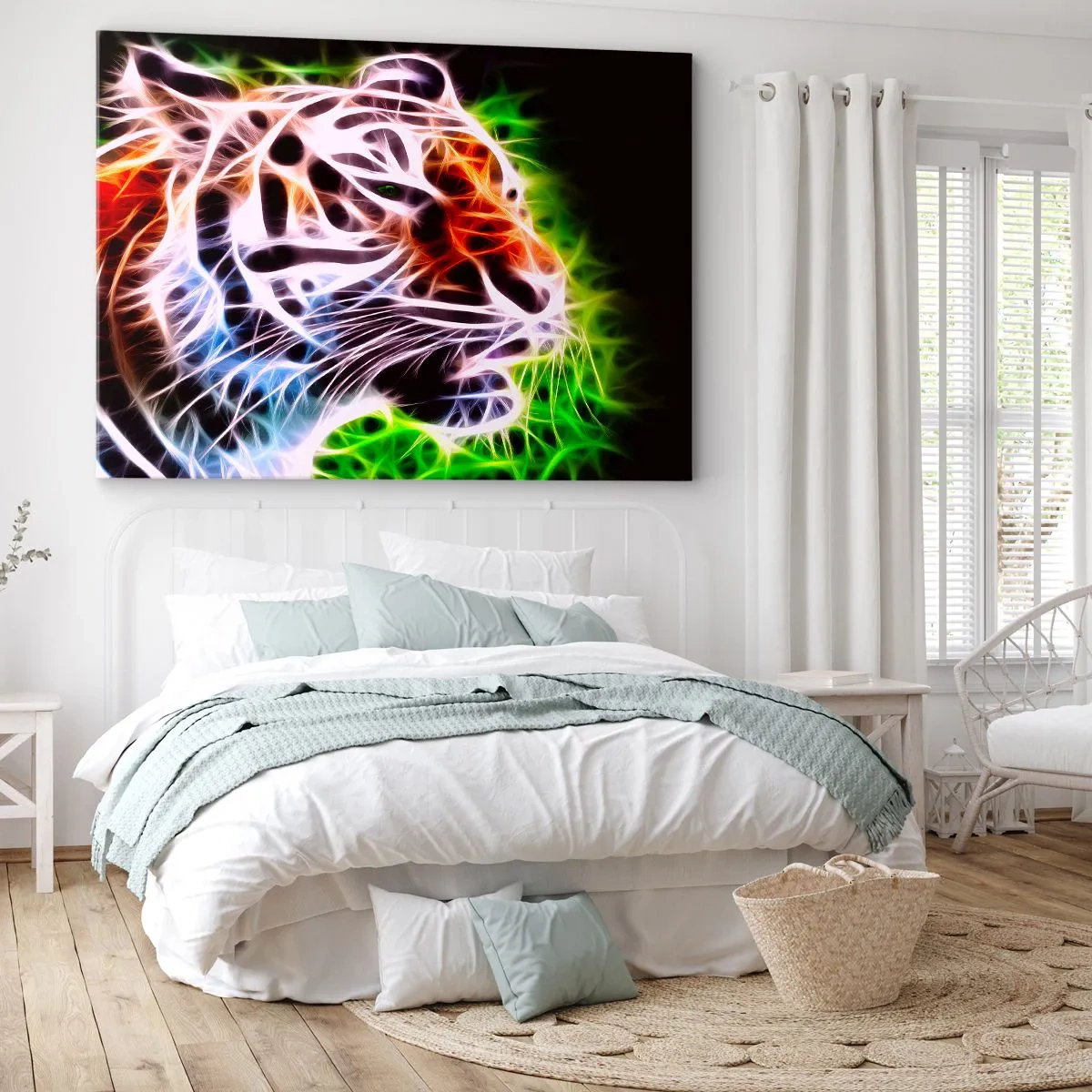 Impression sur toile - Image sur toile - Portrait artistique coloré d'un tigre dans un style néon sur fond noir. - 120x80cm - L'aura dangereux - Décoration murale moderne pour le salon et la chambre ARTTOR