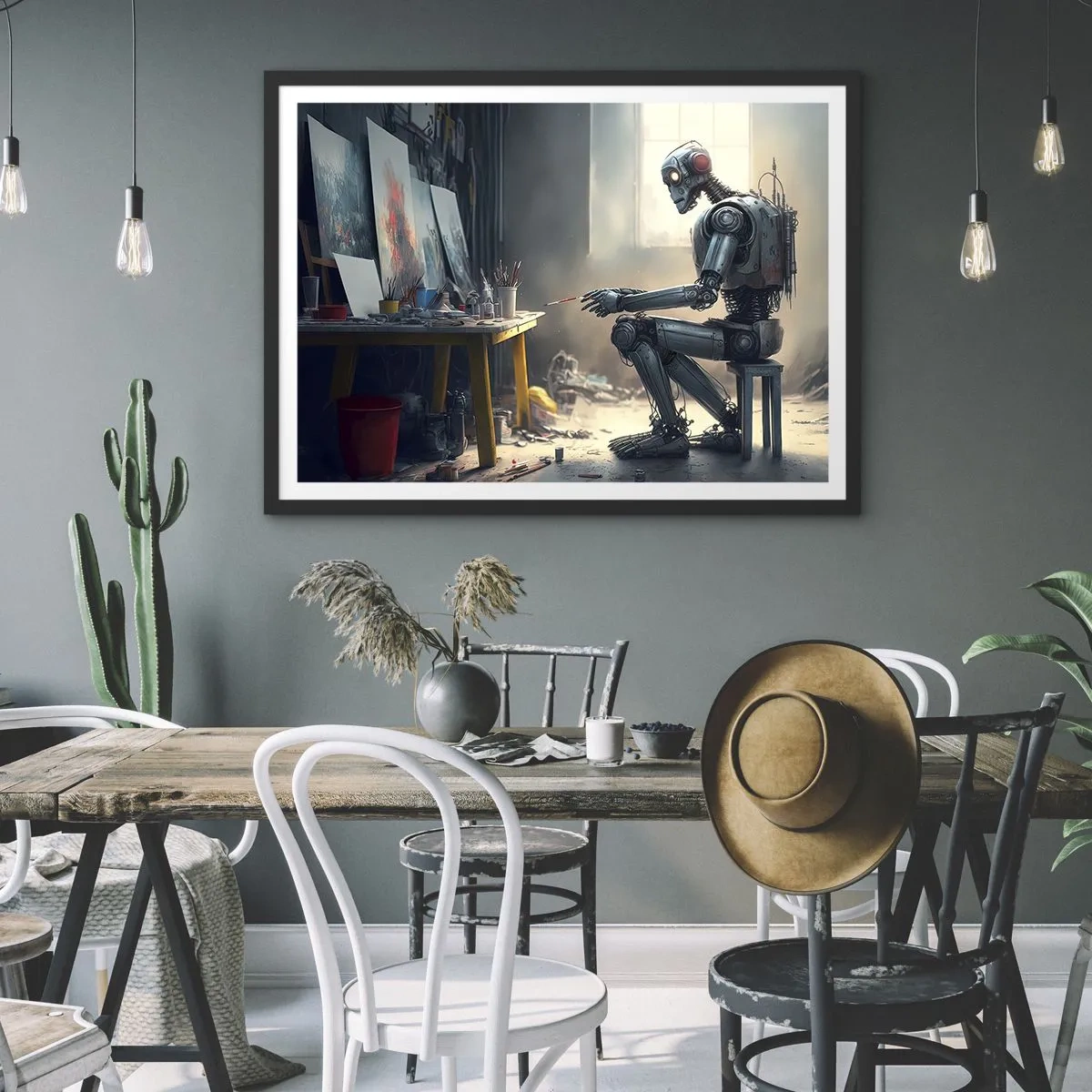Affiche dans un cadre noir - Poster - Un robot peignant un tableau dans un atelier d'art - 70x50cm - L'acte de création - Décoration murale moderne pour le salon et la chambre ARTTOR