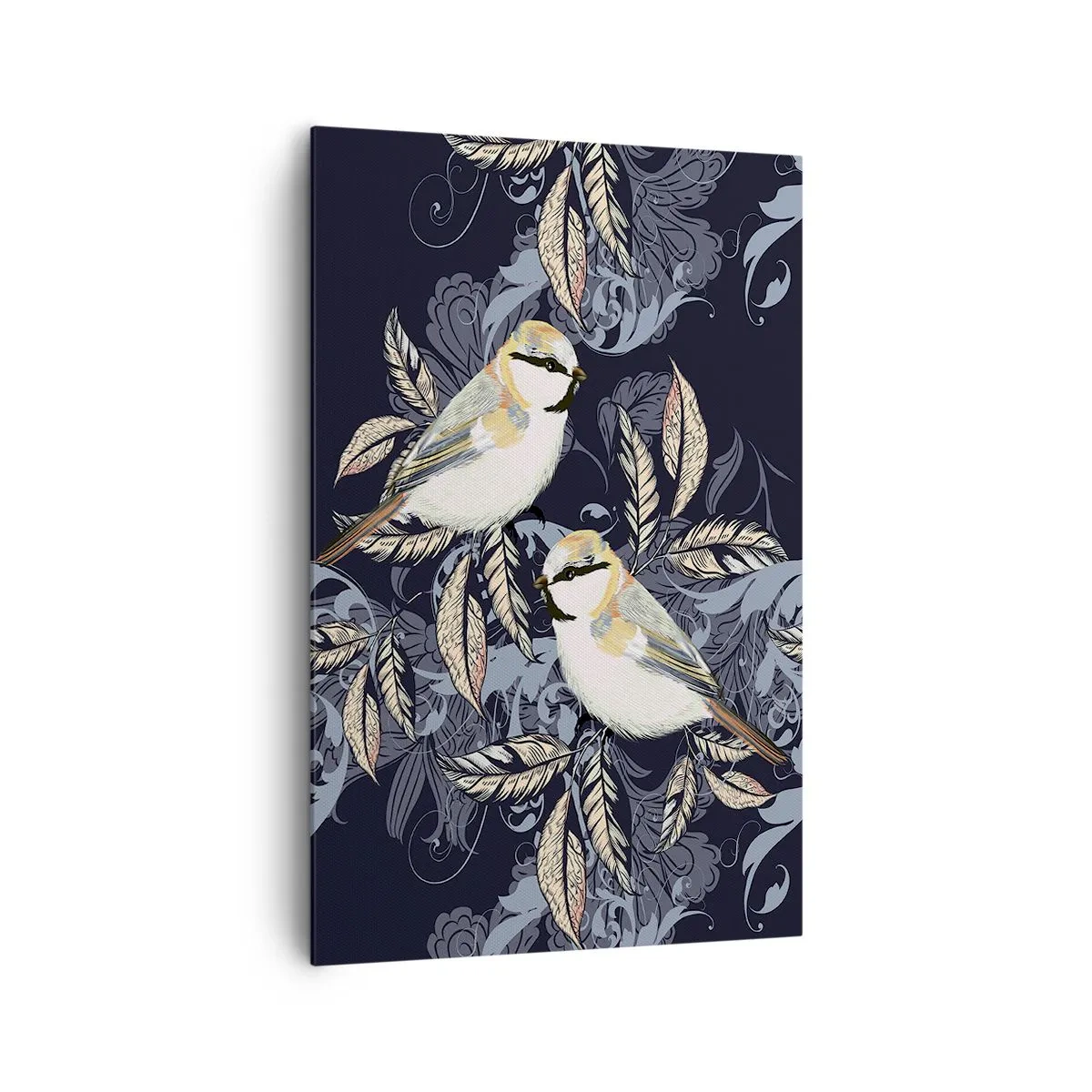 Impression sur toile - Image sur toile - Oiseaux sur des branches dans un arrière-plan ornemental - 80x120cm - Babillement jaune et bleu - Décoration murale moderne pour le salon et la chambre ARTTOR