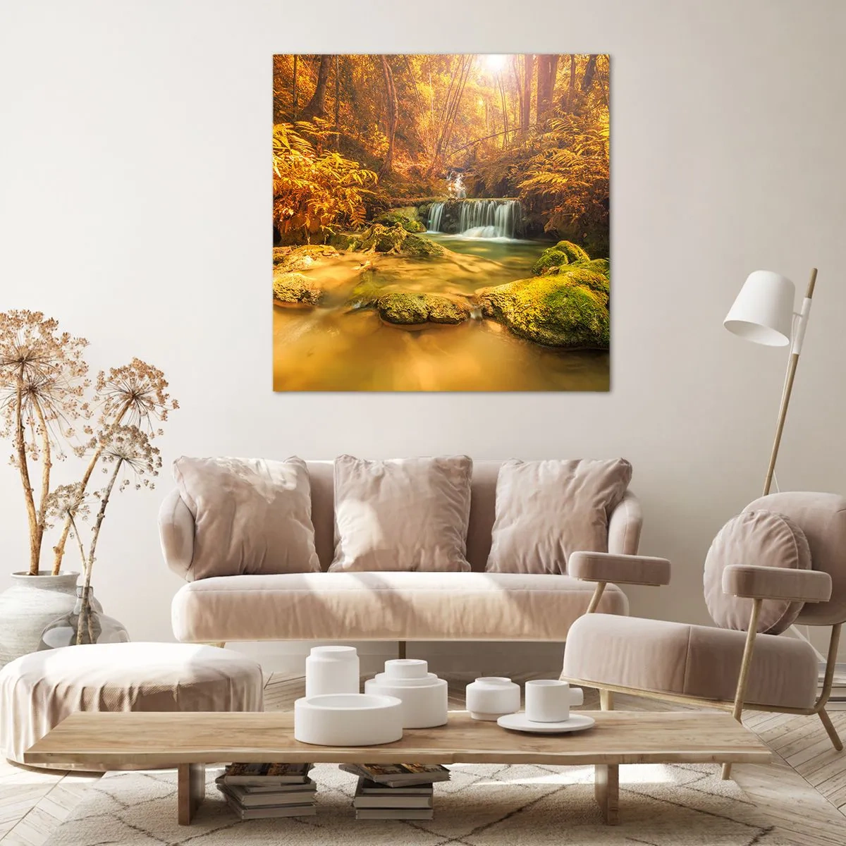 Impression sur toile - Image sur toile - Cascade de forêt en or - 70x70 cm