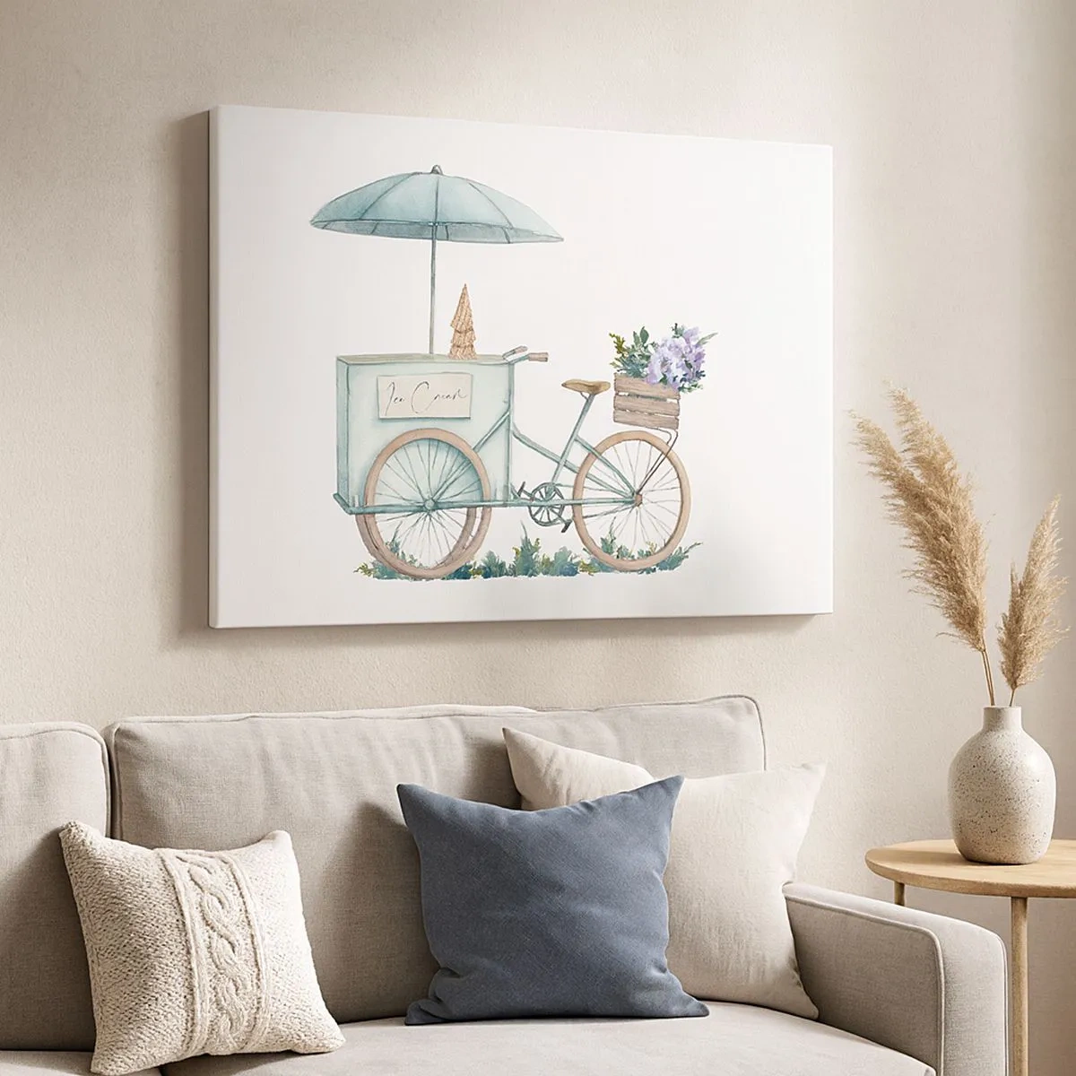 Impression sur toile - Image sur toile - Un vélo avec de la glace et des fleurs sous un parapluie aux couleurs pastel délicates - 70x50cm - Doux souvenir d'été - Décoration murale moderne pour le salon et la chambre ARTTOR