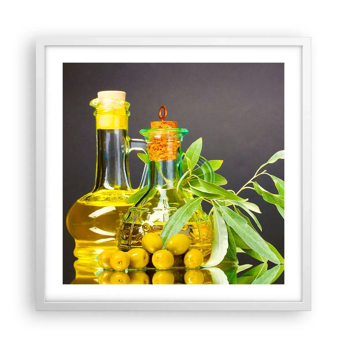 Affiche dans un cadre blanc - Poster - Nature morte aux olives et à l'huile d'olive - 50x50 cm