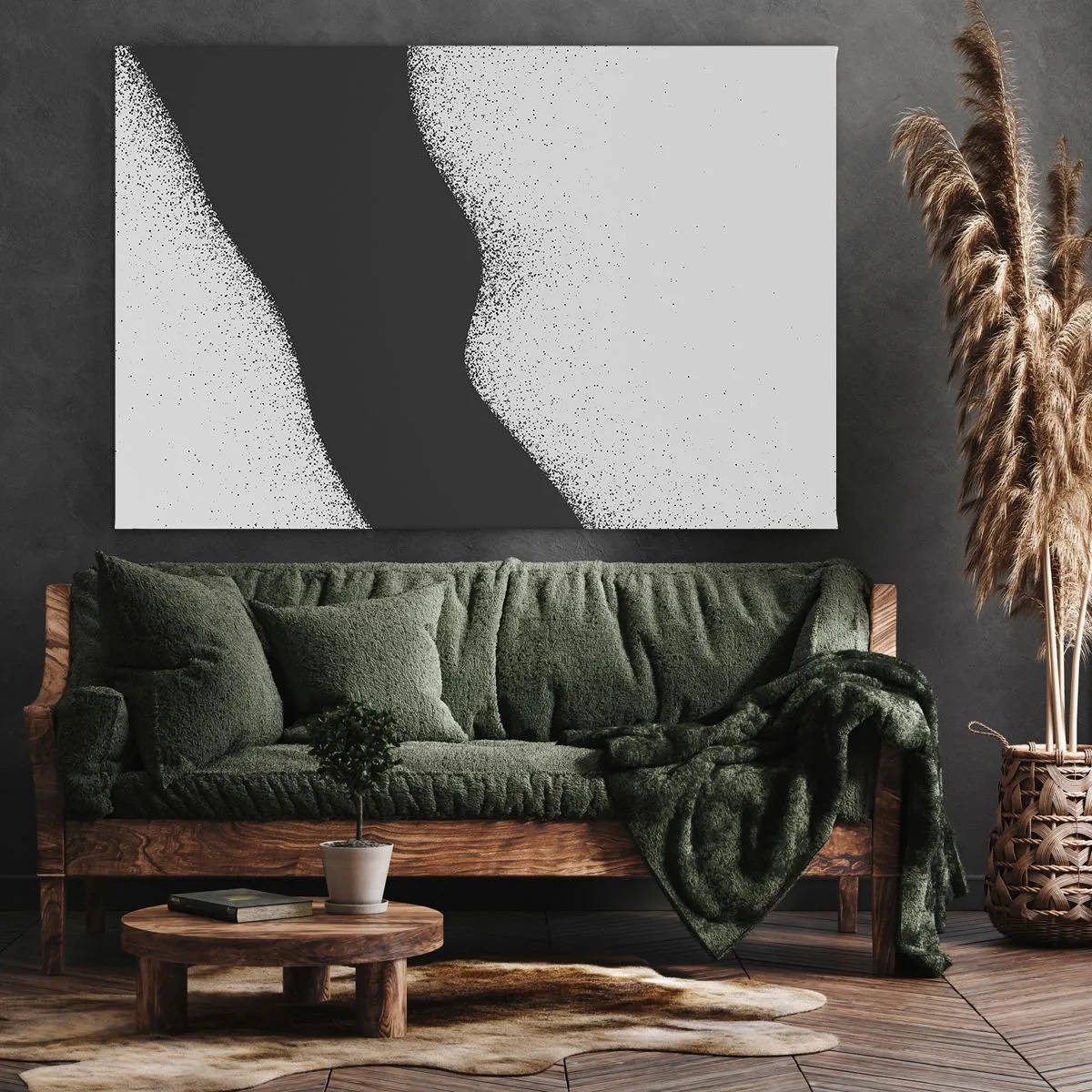 Impression sur toile - Image sur toile - Motif abstrait noir et blanc avec des points délicats sur toile - 70x50cm - Équilibre fluide - Décoration murale moderne pour le salon et la chambre ARTTOR