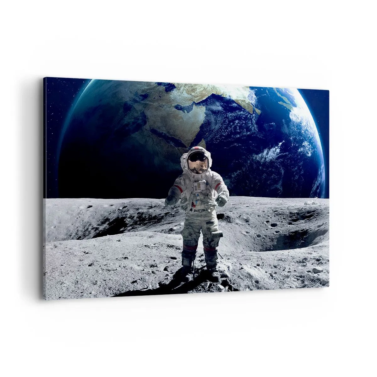 Impression sur toile - Image sur toile - Astronaute à la surface de la Lune avec la Terre en arrière-plan - 120x80cm - Salutations de la lune - Décoration murale moderne pour le salon et la chambre ARTTOR