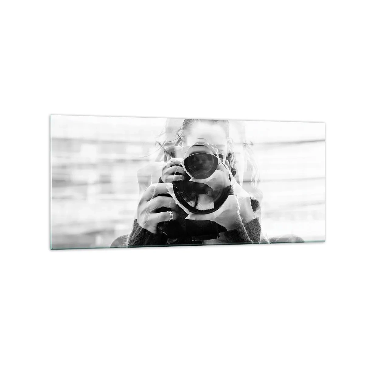 Impression sur verre - Image sur verre - Portrait en double exposition noir et blanc d'un photographe - 120x50cm - Créateur et matériel - Décoration murale moderne pour le salon et la chambre ARTTOR