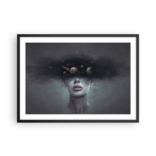 Affiche dans un cadre noir - Poster - Un visage de femme avec un motif de planète et d'espace en arrière-plan - 70x50cm - Et les planètes deviennent folles... - Décoration murale moderne pour le salon et la chambre ARTTOR