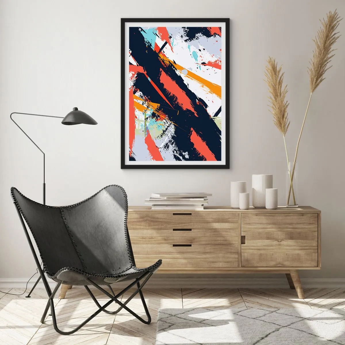 Affiche dans un cadre noir - Poster - Composition abstraite avec des coups de pinceau dynamiques. - 50x70cm - Composition dynamique - Décoration murale moderne pour le salon et la chambre ARTTOR