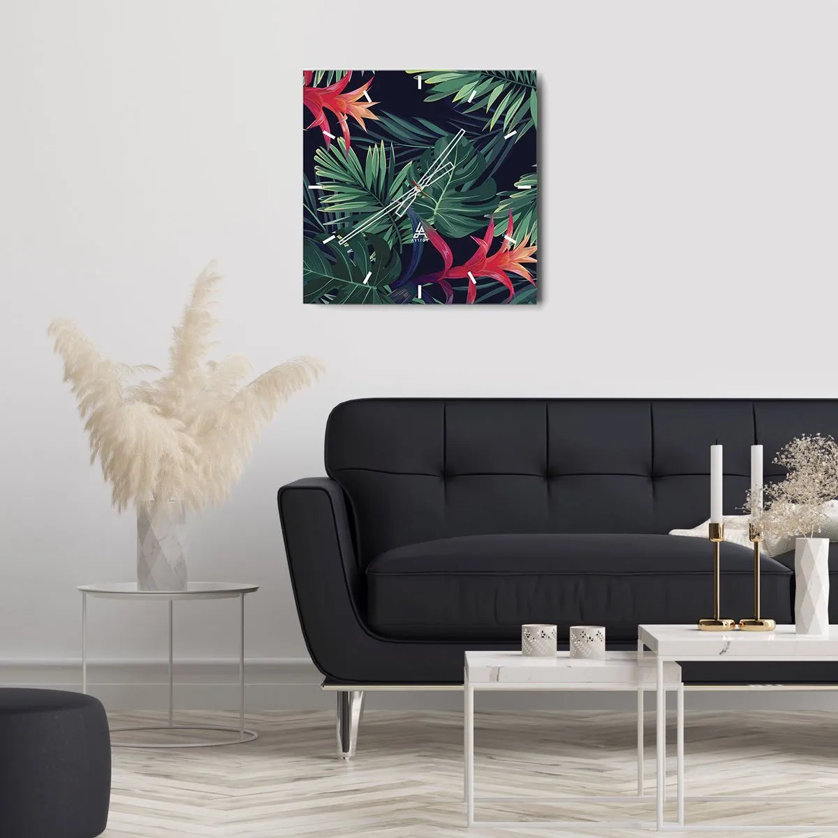 Horloge murale - Pendule murale - Feuilles et fleurs tropicales sur fond sombre - 30x30cm - immergé dans la nature - Décoration murale moderne pour le salon et la chambre ARTTOR