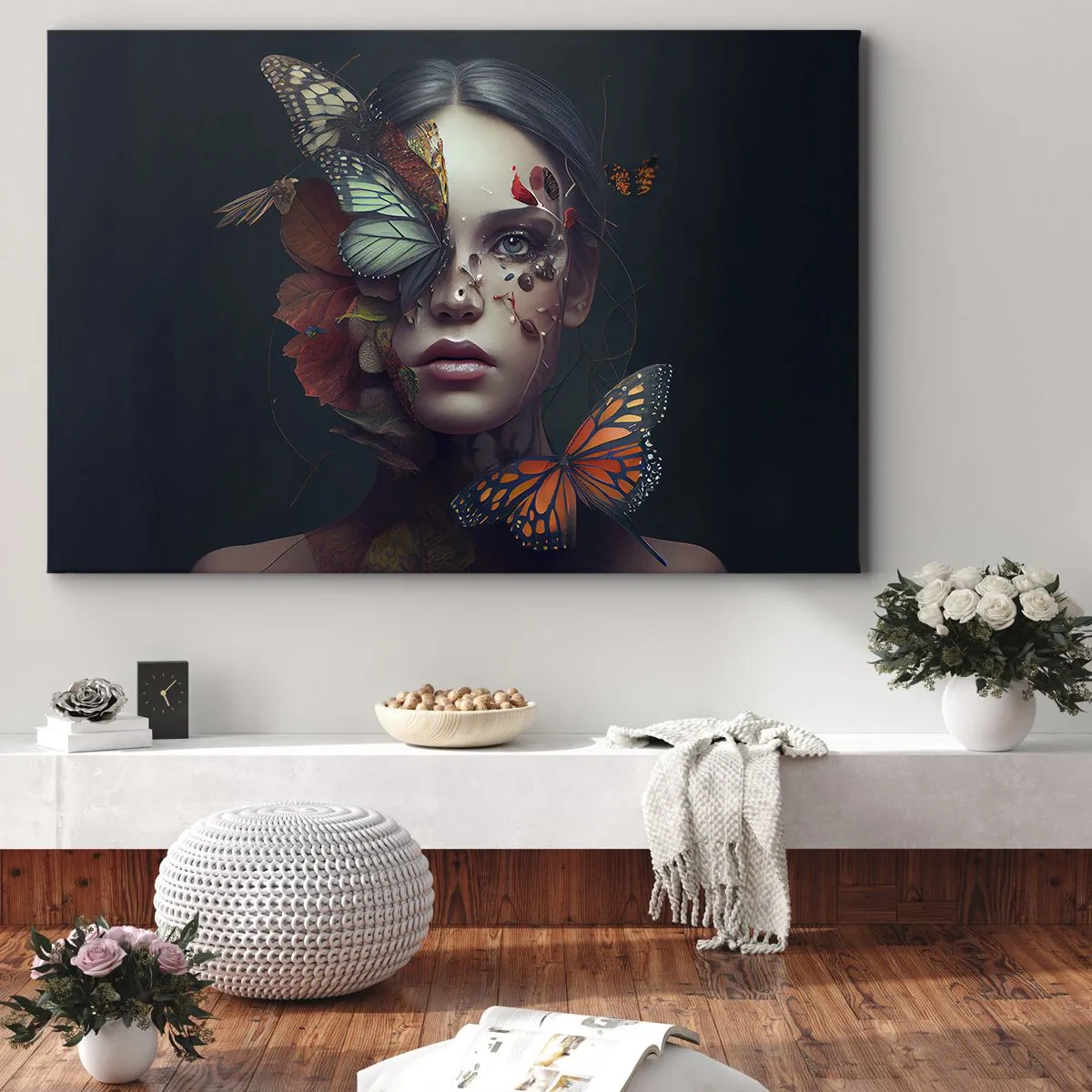 Impression sur toile - Image sur toile - Portrait d'une femme avec des papillons et des éléments végétaux - 70x50cm - Une merveilleuse métamorphose - Décoration murale moderne pour le salon et la chambre ARTTOR