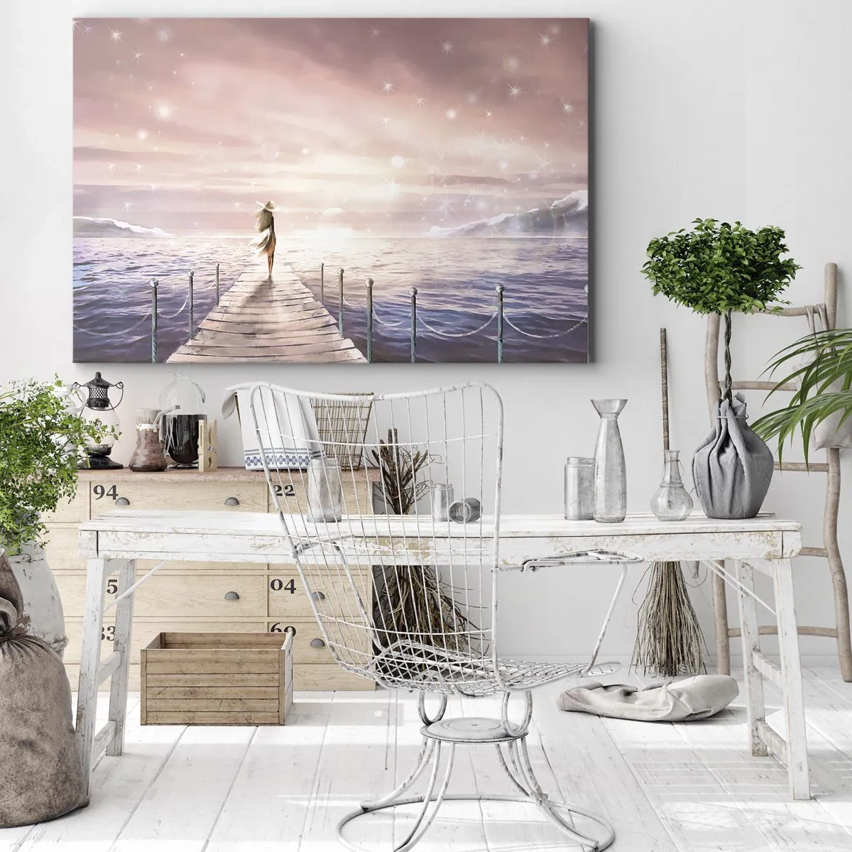 Impression sur toile - Image sur toile - Une femme sur une jetée dans un décor de coucher de soleil magique - 70x50cm - A la lumière d'un rêve - Décoration murale moderne pour le salon et la chambre ARTTOR