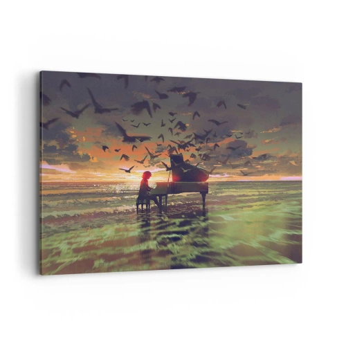 Impression sur toile - Image sur toile - Un piano au bord de la mer au coucher du soleil avec des oiseaux - 100x70cm - Concert pour piano et vagues - Décoration murale moderne pour le salon et la chambre ARTTOR
