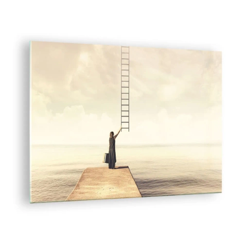 Impression sur verre - Image sur verre - Femme sur une jetée avec une échelle menant au paradis - 70x50cm - Voyage magique - Décoration murale moderne pour le salon et la chambre ARTTOR