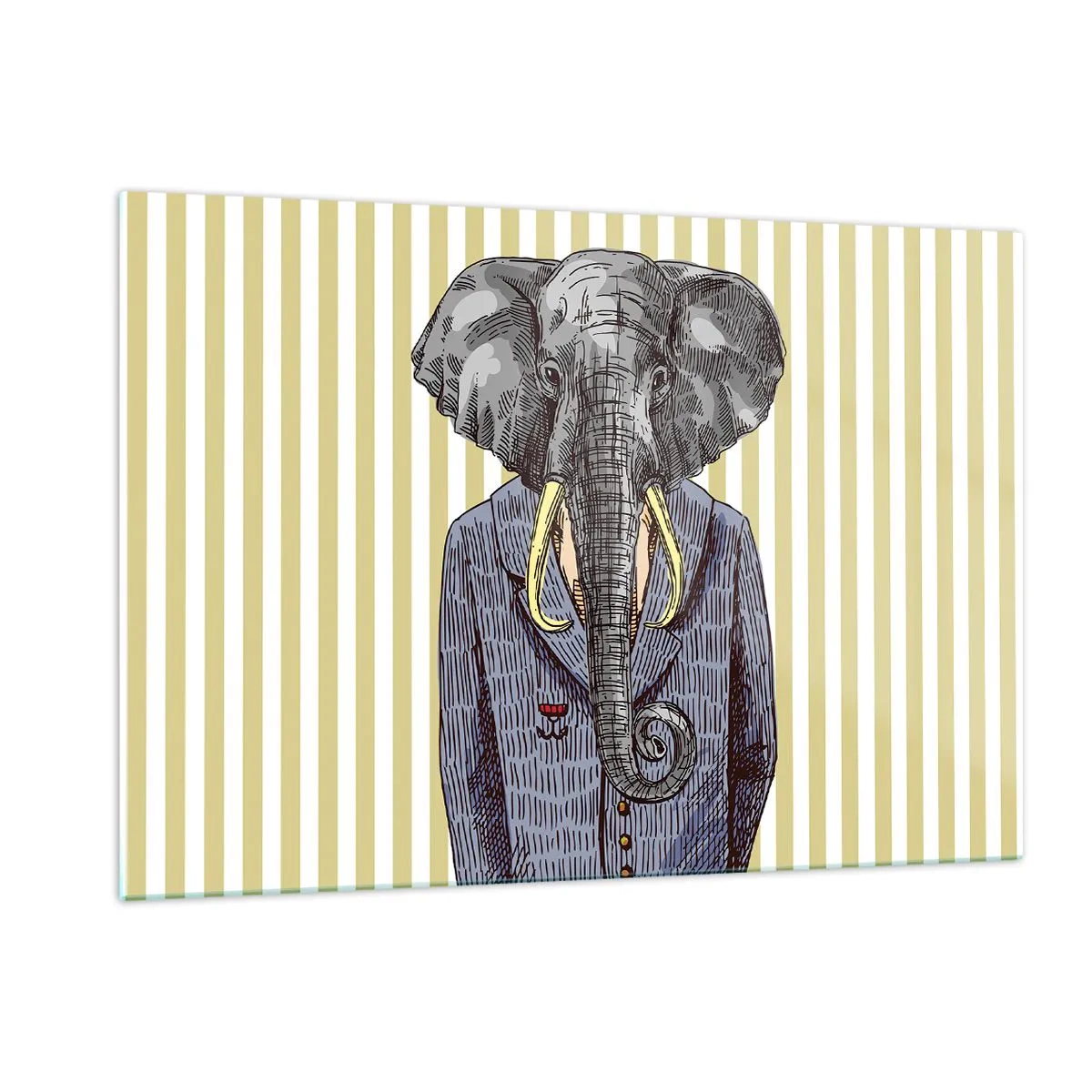 Impression sur verre - Image sur verre - Un éléphant en costume sur fond de rayures jaunes - 120x80cm - Élégant par nature - Décoration murale moderne pour le salon et la chambre ARTTOR