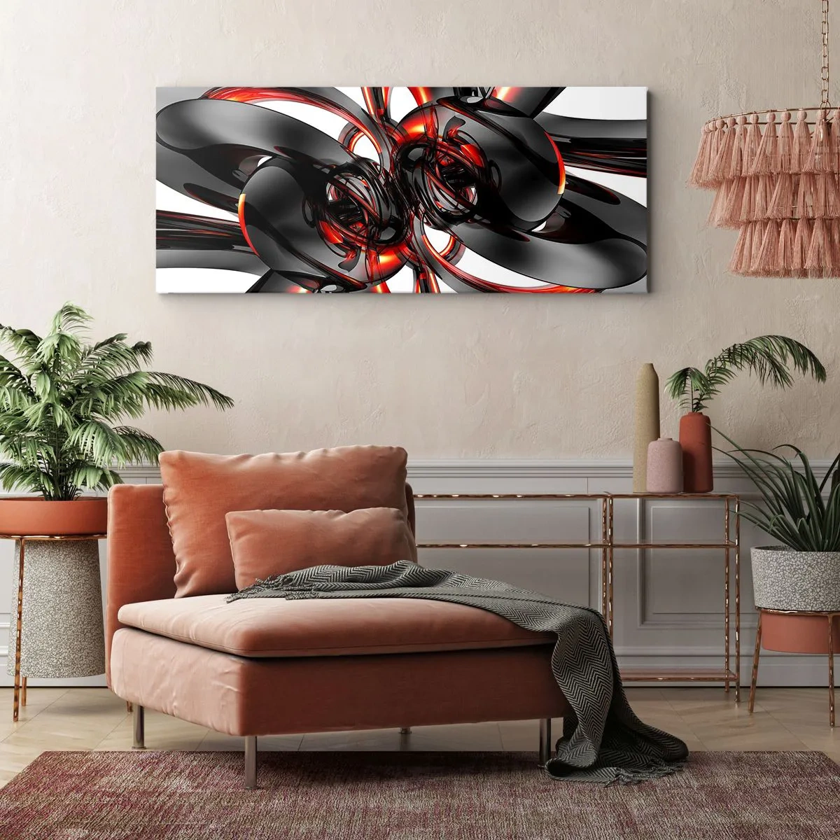 Impression sur toile - Image sur toile - Graphiques 3D abstraits avec des éléments noirs et rouges - 140x50cm - Mouvement de graphite et rouge - Décoration murale moderne pour le salon et la chambre ARTTOR