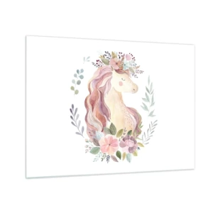 Impression sur verre - Image sur verre - Une licorne de dessin animé avec une crinière de fleurs pastel - 70x50cm - Invitation au monde des contes de fées - Décoration murale moderne pour le salon et la chambre ARTTOR