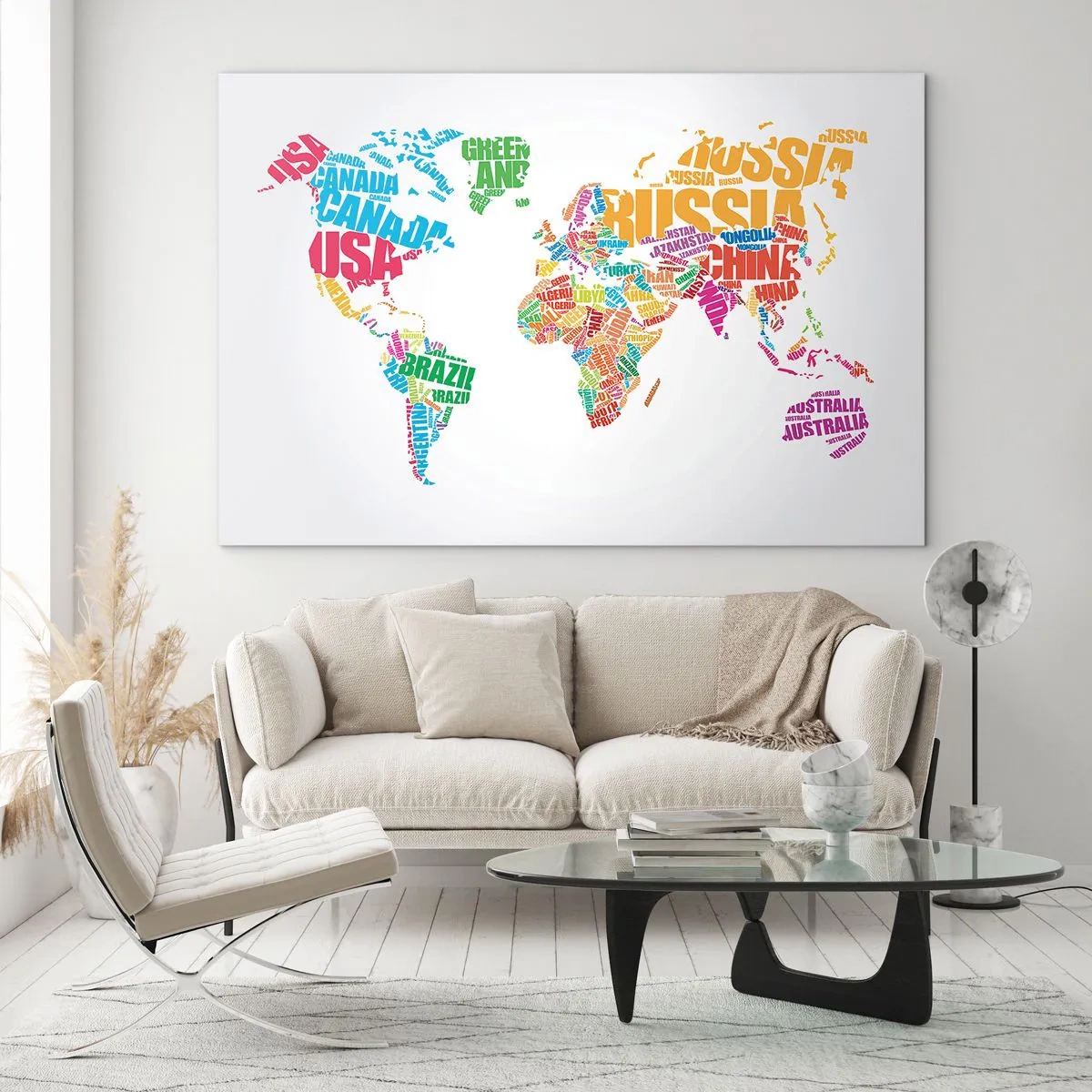Impression sur verre - Image sur verre - Une carte du monde avec des noms de pays colorés - 70x50cm - je veux tous les rencontrer - Décoration murale moderne pour le salon et la chambre ARTTOR