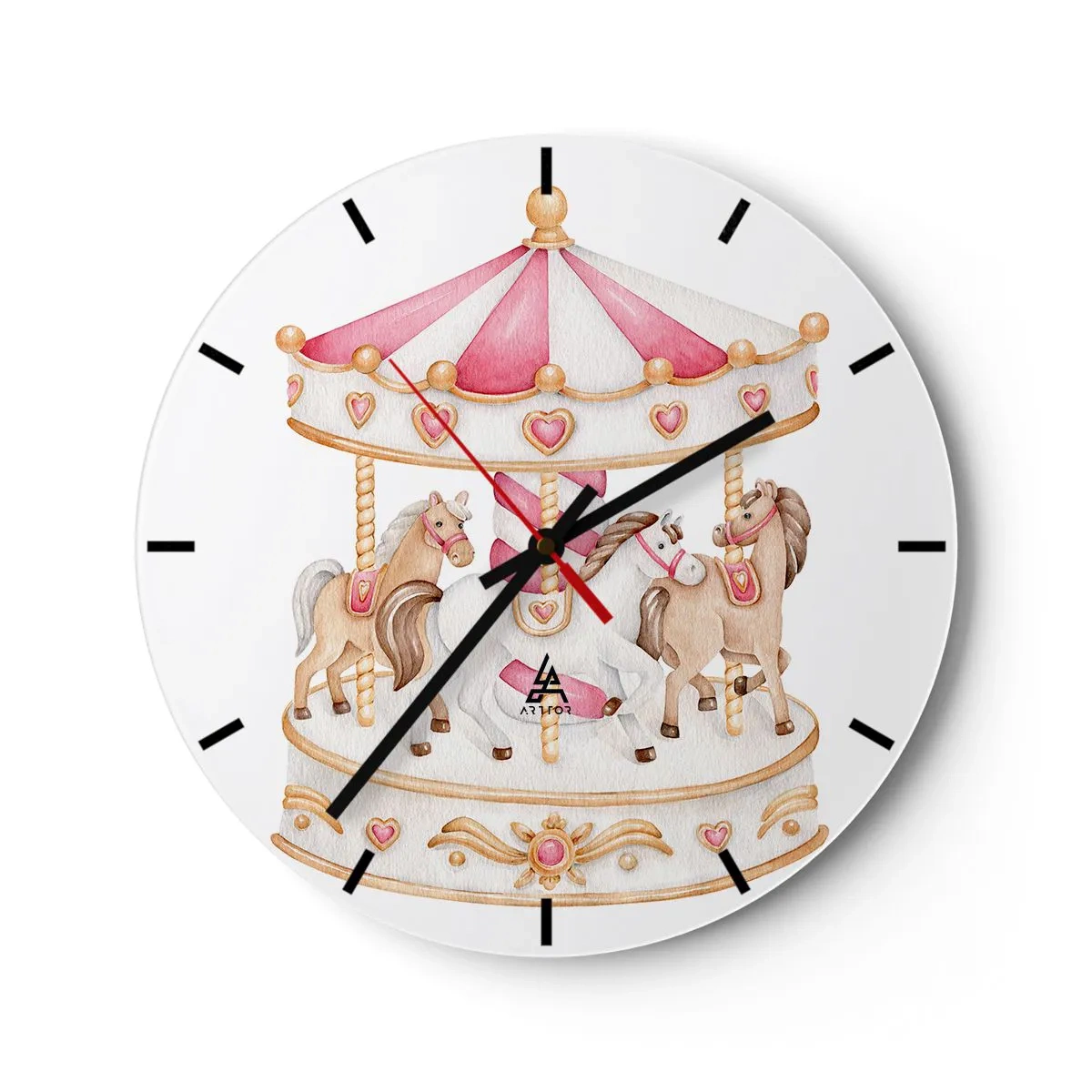 Horloge murale - Pendule murale - Carrousel rose et crème avec des chevaux sur fond blanc - 30x30cm - Le doux monde de l'enfance - Décoration murale moderne pour le salon, la cuisine et la chambre ARTTOR