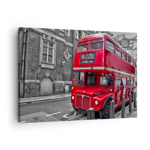 Impression sur toile - Image sur toile - Un bus rouge à impériale à Londres sur fond d'architecture classique - 70x50cm - Toujours la même chose - Décoration murale moderne pour le salon et la chambre ARTTOR