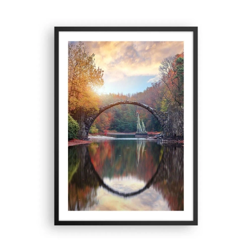 Affiche dans un cadre noir - Poster - Un pont de pierre sur un lac dans un paysage d'automne - 50x70cm - De l'autre cote du miroir - Décoration murale moderne pour le salon et la chambre ARTTOR