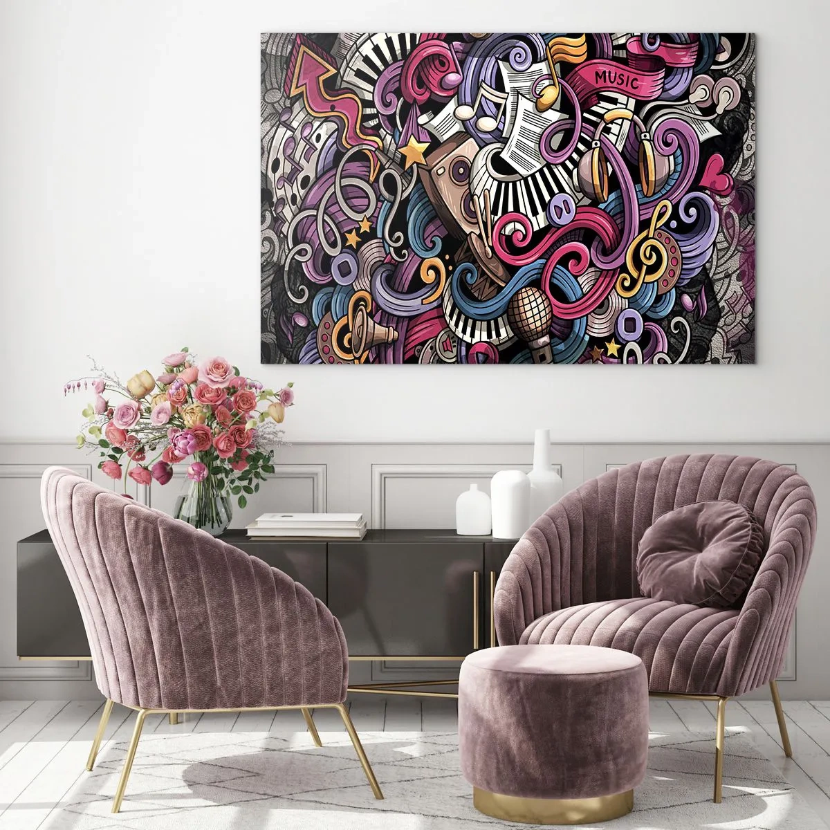Impression sur verre - Image sur verre - Thèmes musicaux colorés avec notes et instruments - 70x50cm - Mélodie compliquée - Décoration murale moderne pour le salon et la chambre ARTTOR