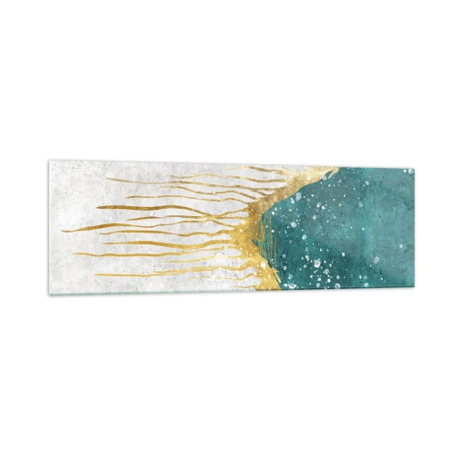 Impression sur verre - Image sur verre - Une composition abstraite dans des tons d'or et de turquoise - 160x50cm - Marée dorée - Décoration murale moderne pour le salon et la chambre ARTTOR