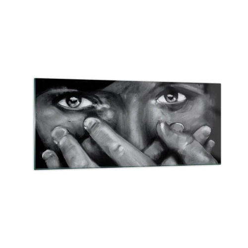 Impression sur verre - Image sur verre - Portrait en noir et blanc d'une femme se couvrant le visage avec ses mains. - 120x50cm - Je ne dirai pas qui a peint - Décoration murale moderne pour le salon et la chambre ARTTOR