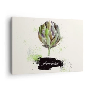 Impression sur toile - Image sur toile - Artichaut à l'aquarelle avec texte sur fond clair aux accents verts - 70x50cm - Vive les légumes! - Décoration murale moderne pour le salon et la chambre ARTTOR