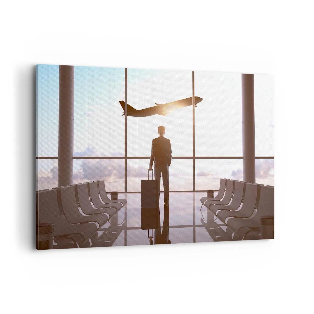 Impression sur toile - Image sur toile - Homme d'affaires à l'aéroport avec un avion en arrière-plan - 120x80cm - Vous avez le temps, ralentissez - Décoration murale moderne pour le salon et la chambre ARTTOR