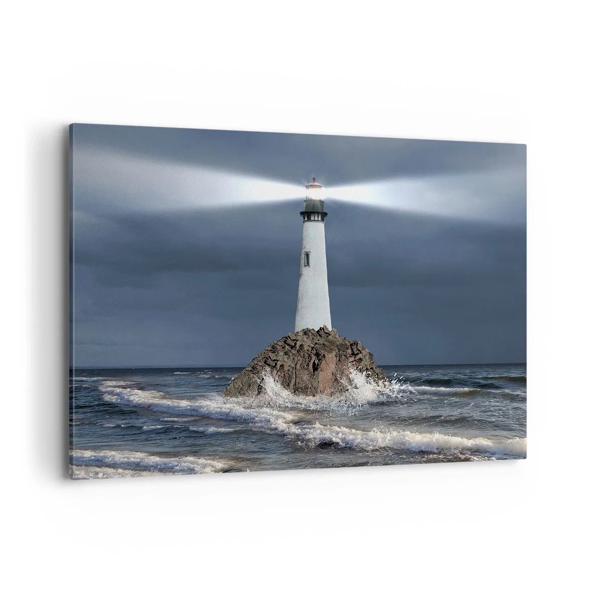 Impression sur toile - Image sur toile - Un phare sur un rocher entouré d'une mer agitée - 120x80cm - I… i… ici ! - Décoration murale moderne pour le salon et la chambre ARTTOR