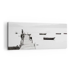 Impression sur toile - Image sur toile - Jetée en bois et bateaux sur une eau calme - 120x50cm - Calme et propre au bord de l'eau - Décoration murale moderne pour le salon et la chambre ARTTOR