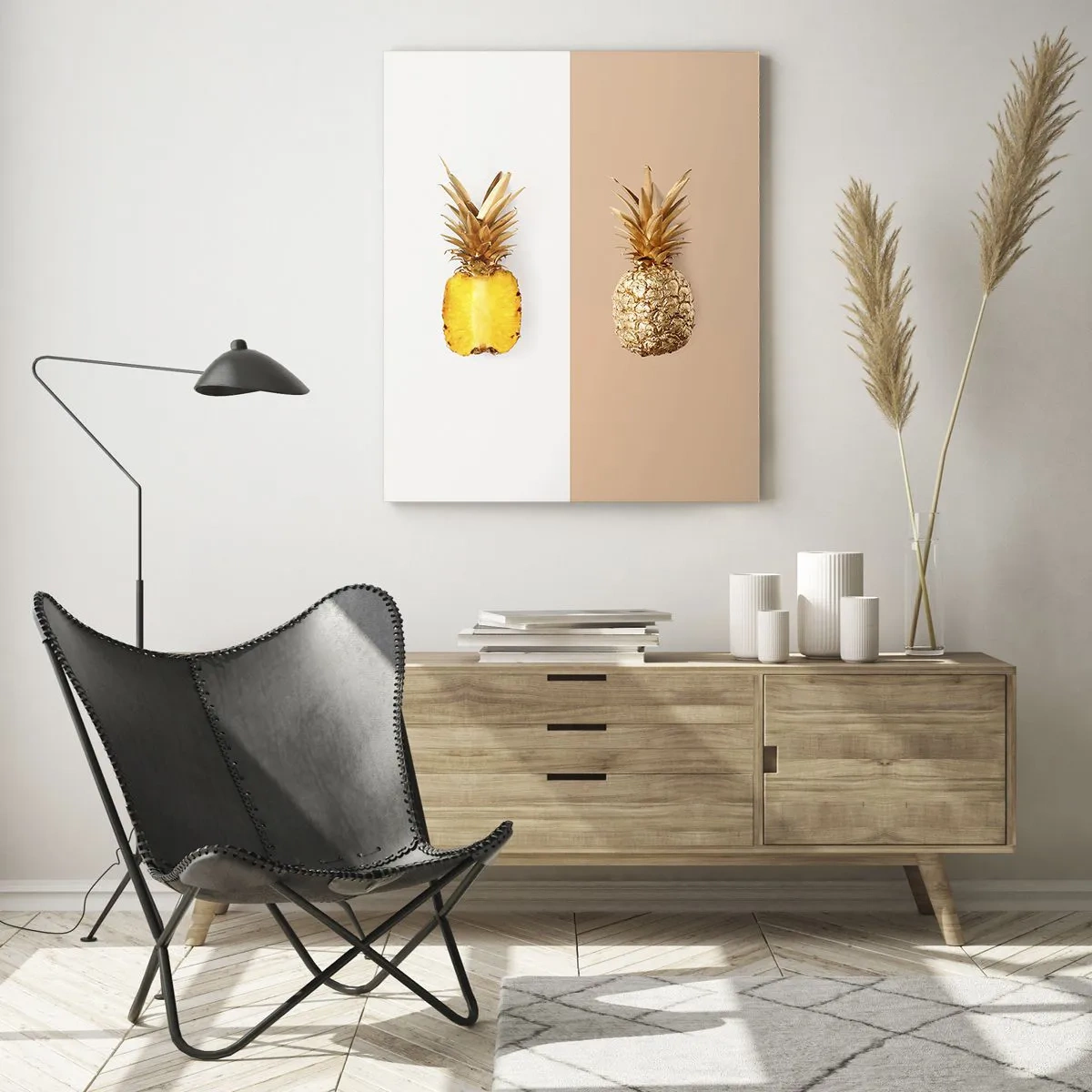 Impression sur verre - Image sur verre - Un ananas tranché et doré sur deux fonds contrastés - 50x70cm - Ananas pour nous - Décoration murale moderne pour le salon et la chambre ARTTOR