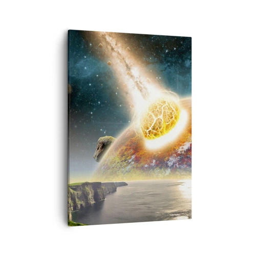Impression sur toile - Image sur toile - Une météorite entre en collision avec une planète dans un paysage cosmique. - 50x70cm - Drame spatial - Décoration murale moderne pour le salon et la chambre ARTTOR