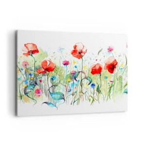 Impression sur toile - Image sur toile - Une prairie avec des coquelicots rouges et des fleurs colorées à l'aquarelle - 100x70cm - Prairie de fleurs en mai - Décoration murale moderne pour le salon et la chambre ARTTOR